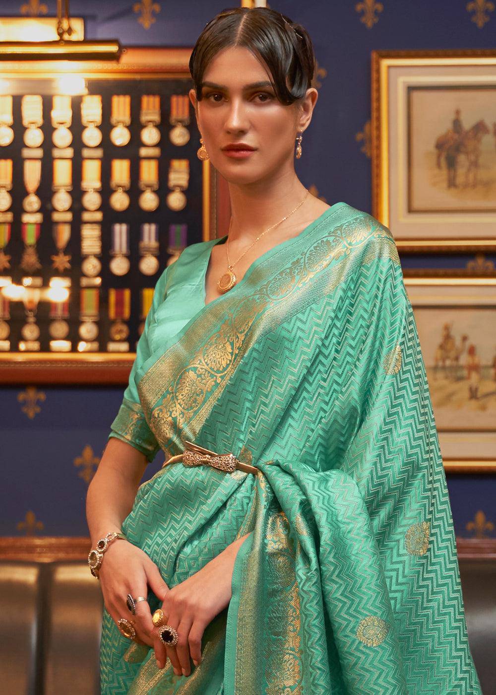 Caribbean Green Designer Satin Silk Saree | Stitched Blouse - qivii