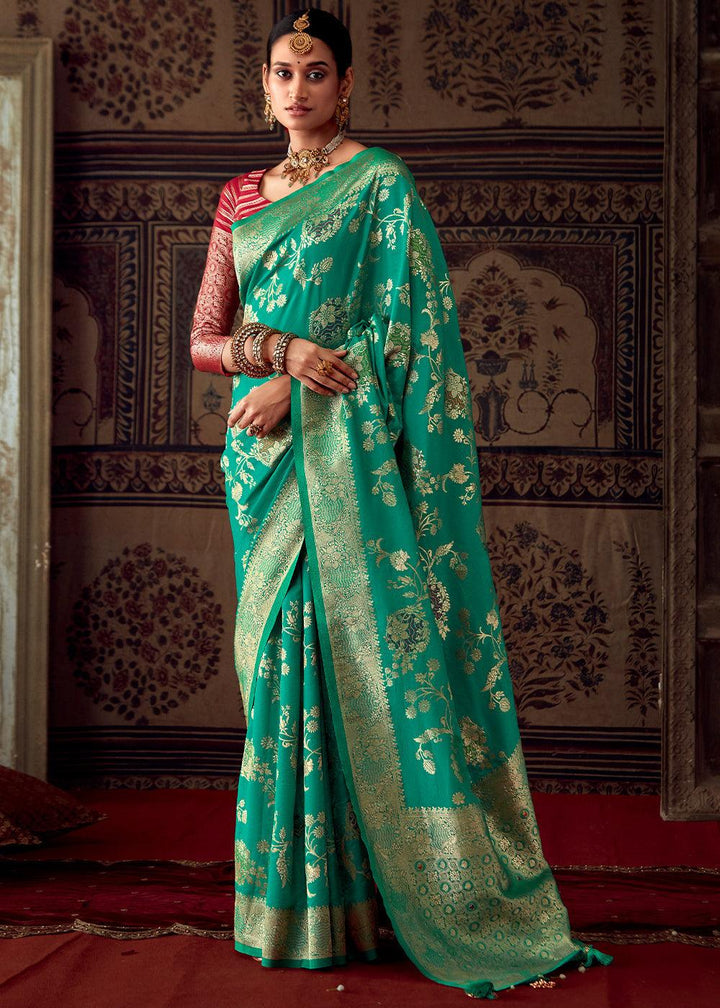 Caribbean Green Meenakari Weaving Dola Silk Saree - qivii