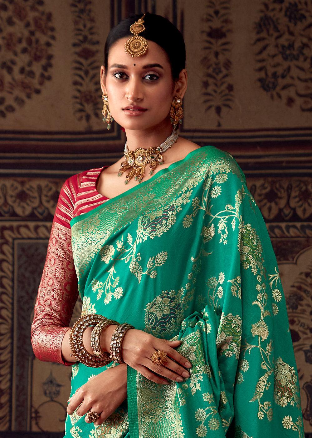 Caribbean Green Meenakari Weaving Dola Silk Saree - qivii