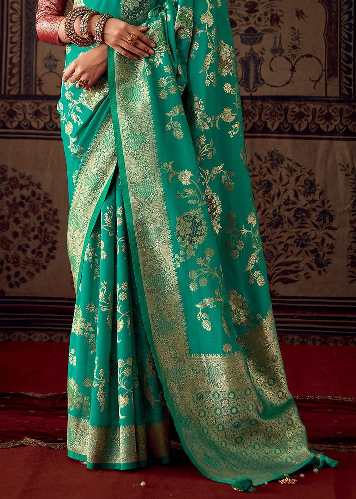 Caribbean Green Meenakari Weaving Dola Silk Saree - qivii