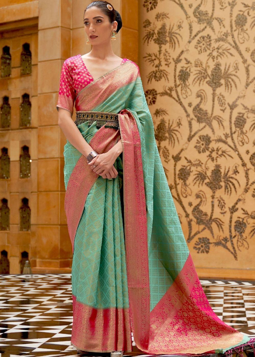 Caribbean Green Zari Woven Kanjivaram Silk Saree | Stitched Blouse - qivii