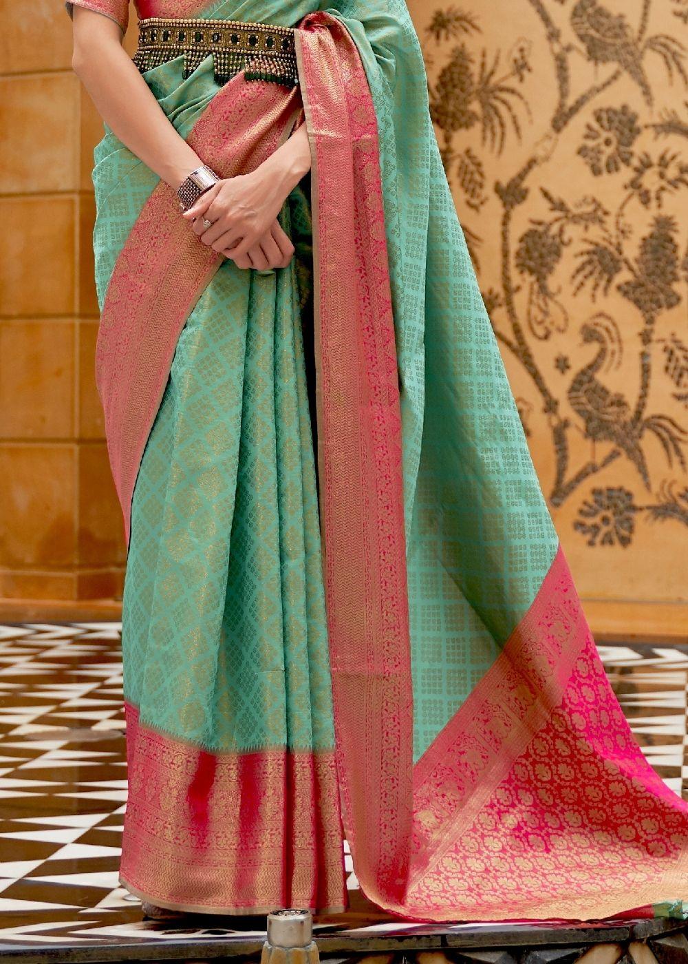 Caribbean Green Zari Woven Kanjivaram Silk Saree | Stitched Blouse - qivii