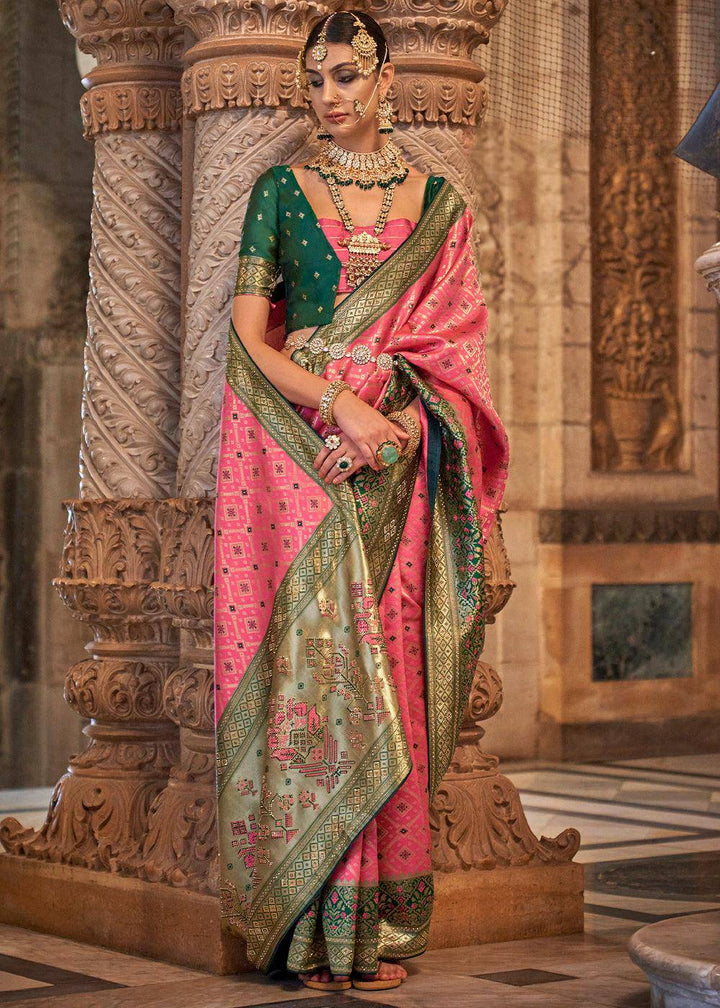 Carmine Pink Banarasi Jacquard Silk Saree with Swarvoski work | Stitched Blouse - qivii