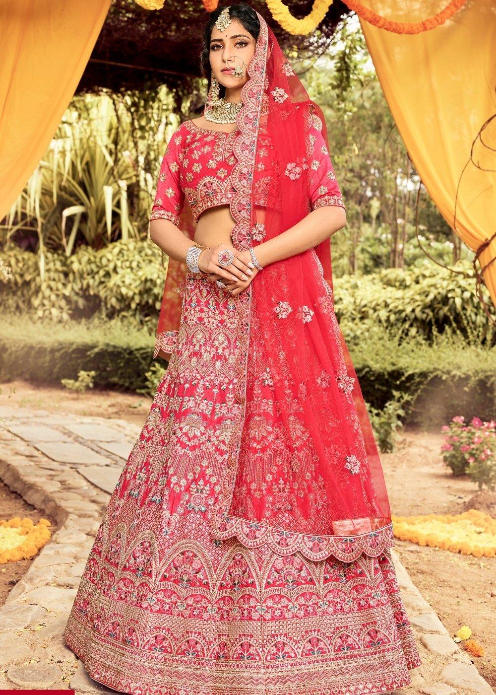 Carmine Pink Raw Silk Lehenga Choli with Resham, Zarkan & Dori work - qivii