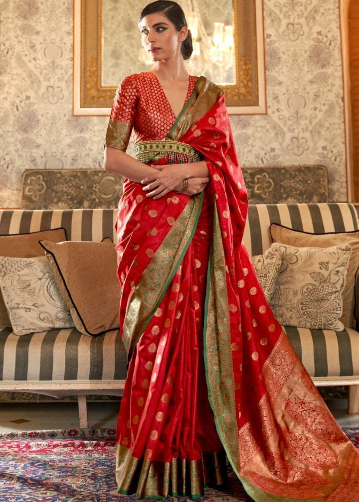 Carmine Red Woven Banarasi Tussar Silk Saree : Top Pick - qivii