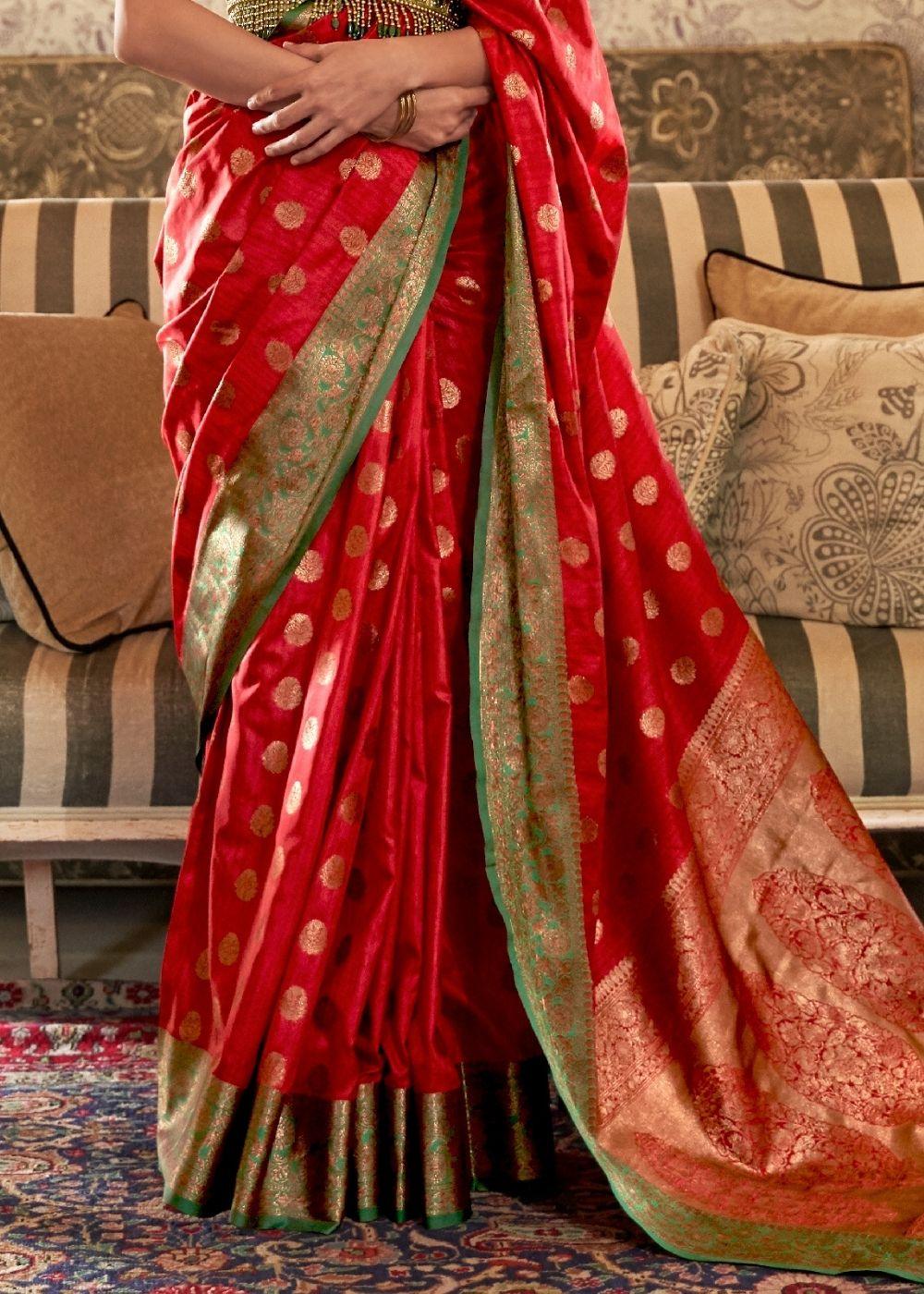 Carmine Red Woven Banarasi Tussar Silk Saree : Top Pick - qivii