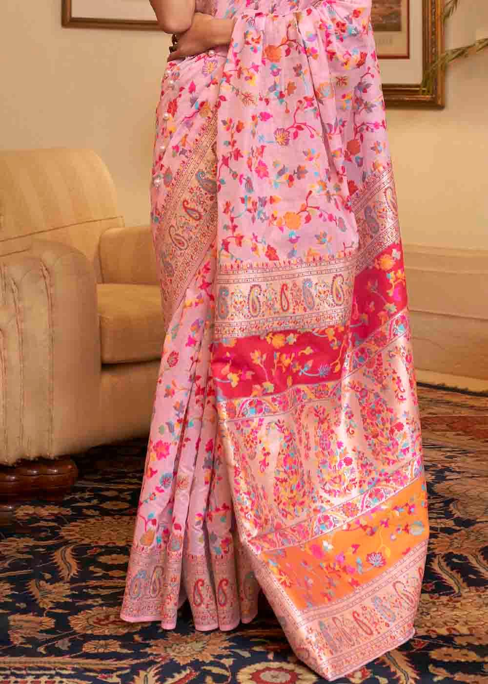 Carnation Pink Banarasi Jamawar Woven Silk Saree | Stitched Blouse - qivii