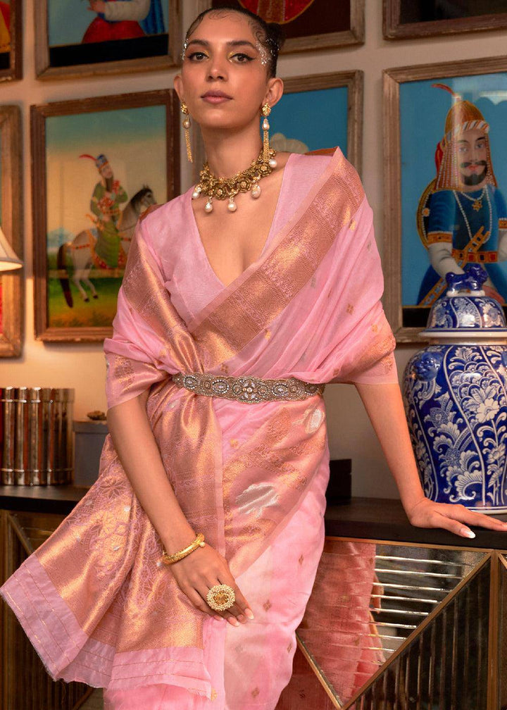 Carnation Pink Copper Zari Handloom Woven Silk Saree | Stitched Blouse - qivii