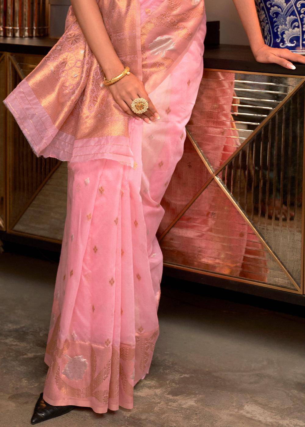 Carnation Pink Copper Zari Handloom Woven Silk Saree | Stitched Blouse - qivii