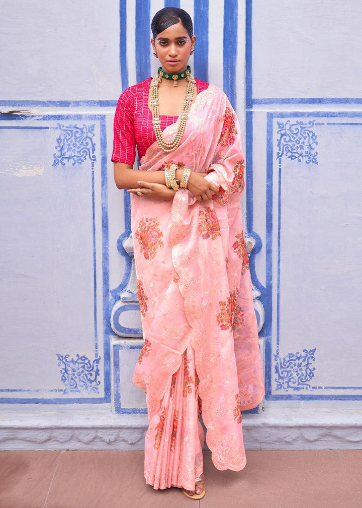 Carnation Pink Digital Print Tissue Silk Saree with Embroidery Thread work | Stitched Blouse - qivii