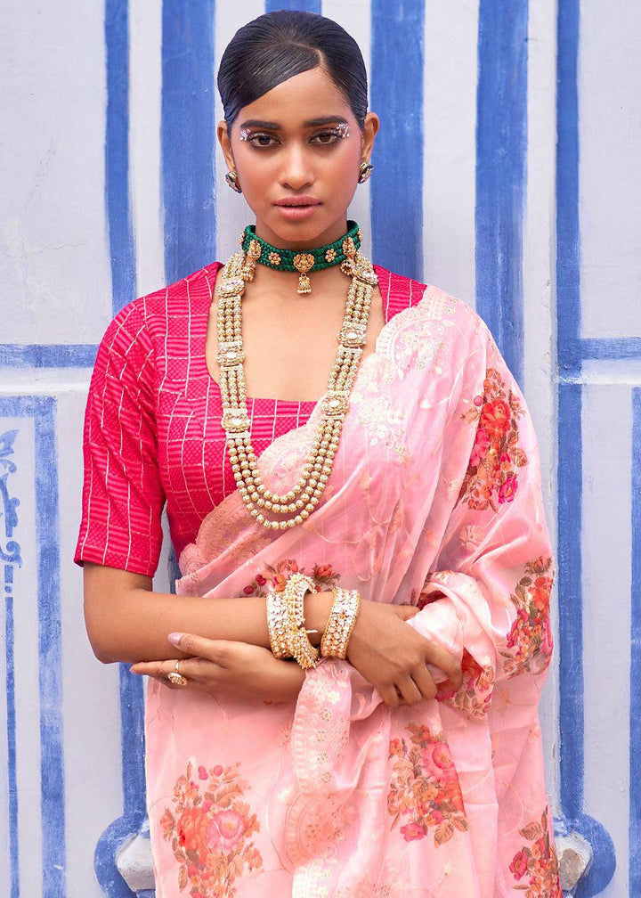 Carnation Pink Digital Print Tissue Silk Saree with Embroidery Thread work | Stitched Blouse - qivii