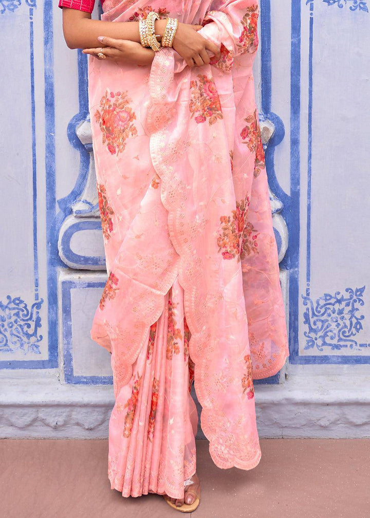 Carnation Pink Digital Print Tissue Silk Saree with Embroidery Thread work | Stitched Blouse - qivii