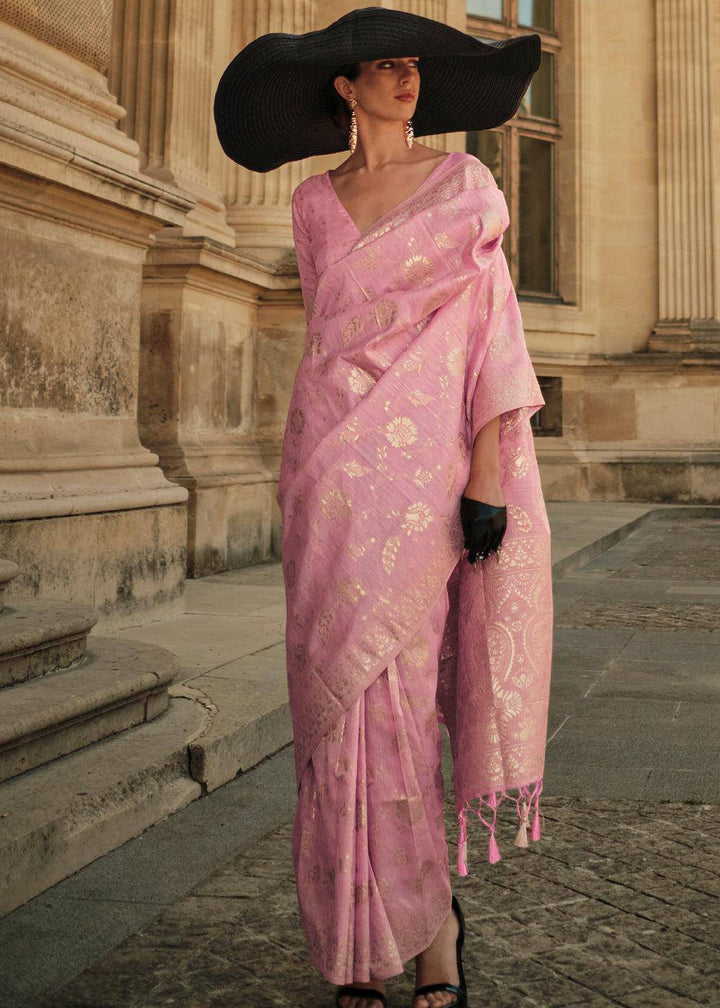 Carnation Pink Gota Zari Handloom Weaving Silk Saree | Stitched Blouse - qivii