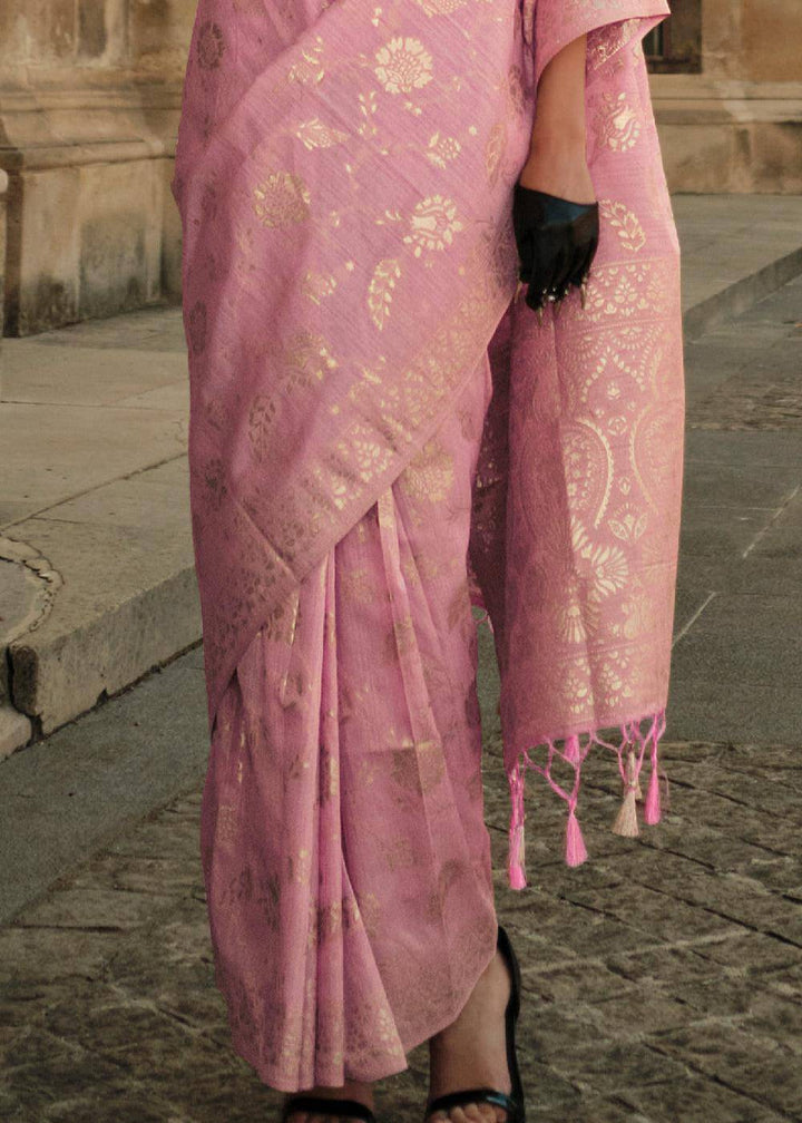 Carnation Pink Gota Zari Handloom Weaving Silk Saree | Stitched Blouse - qivii