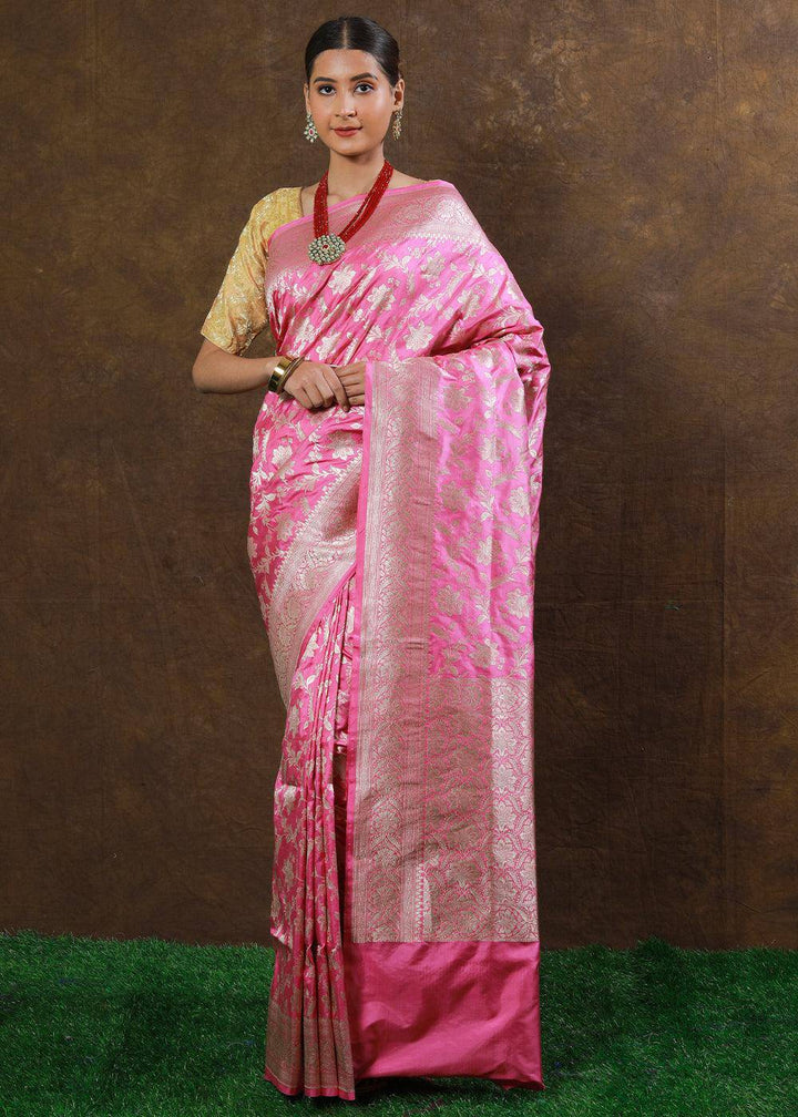 Carnation Pink Hand Woven Pure Katan Silk Saree | Stitched Blouse - qivii