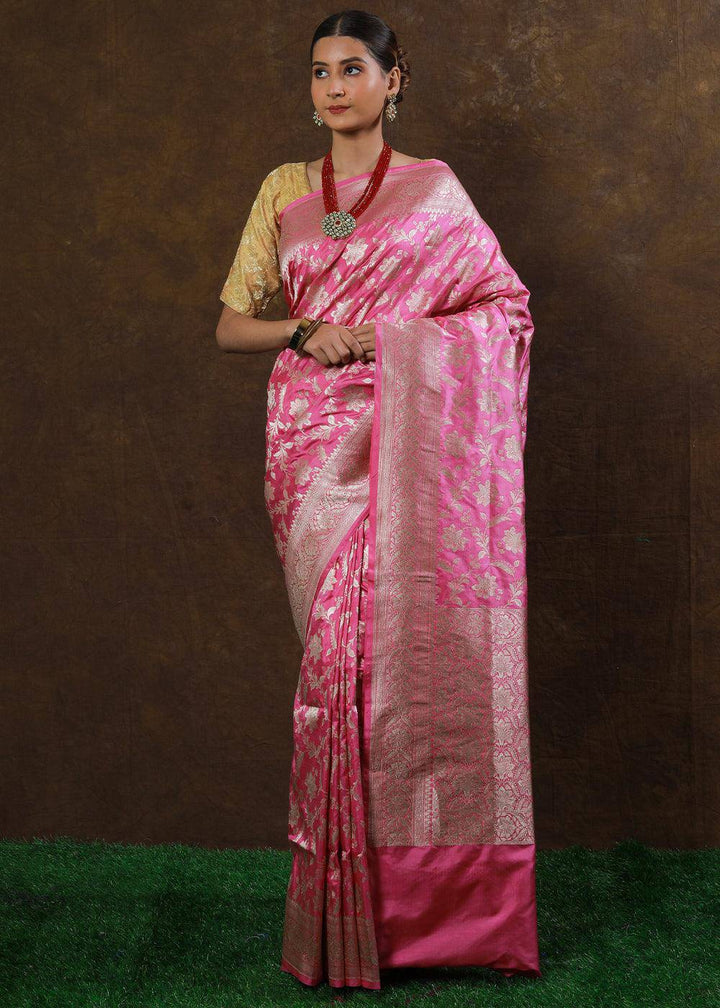 Carnation Pink Hand Woven Pure Katan Silk Saree | Stitched Blouse - qivii