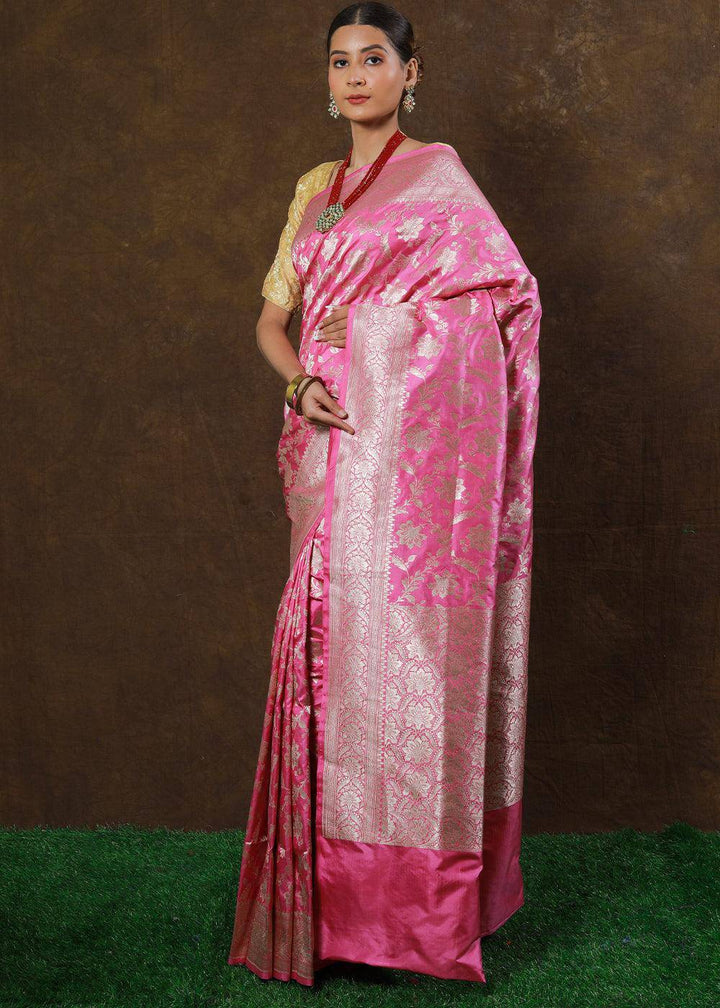 Carnation Pink Hand Woven Pure Katan Silk Saree | Stitched Blouse - qivii