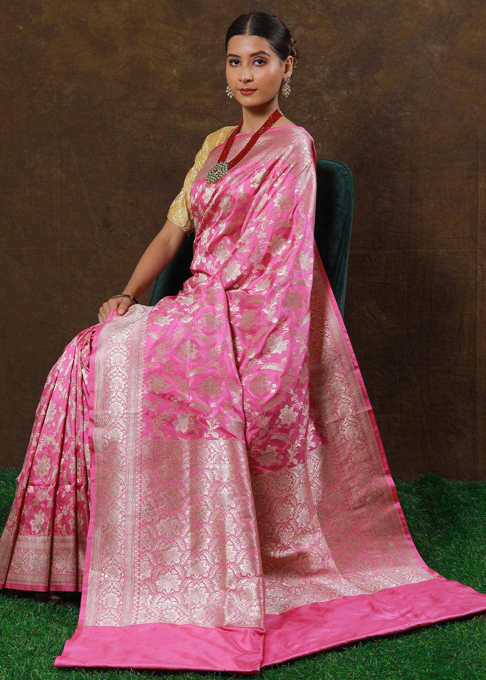 Carnation Pink Hand Woven Pure Katan Silk Saree | Stitched Blouse - qivii