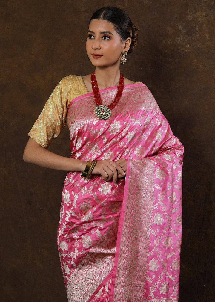 Carnation Pink Hand Woven Pure Katan Silk Saree | Stitched Blouse - qivii