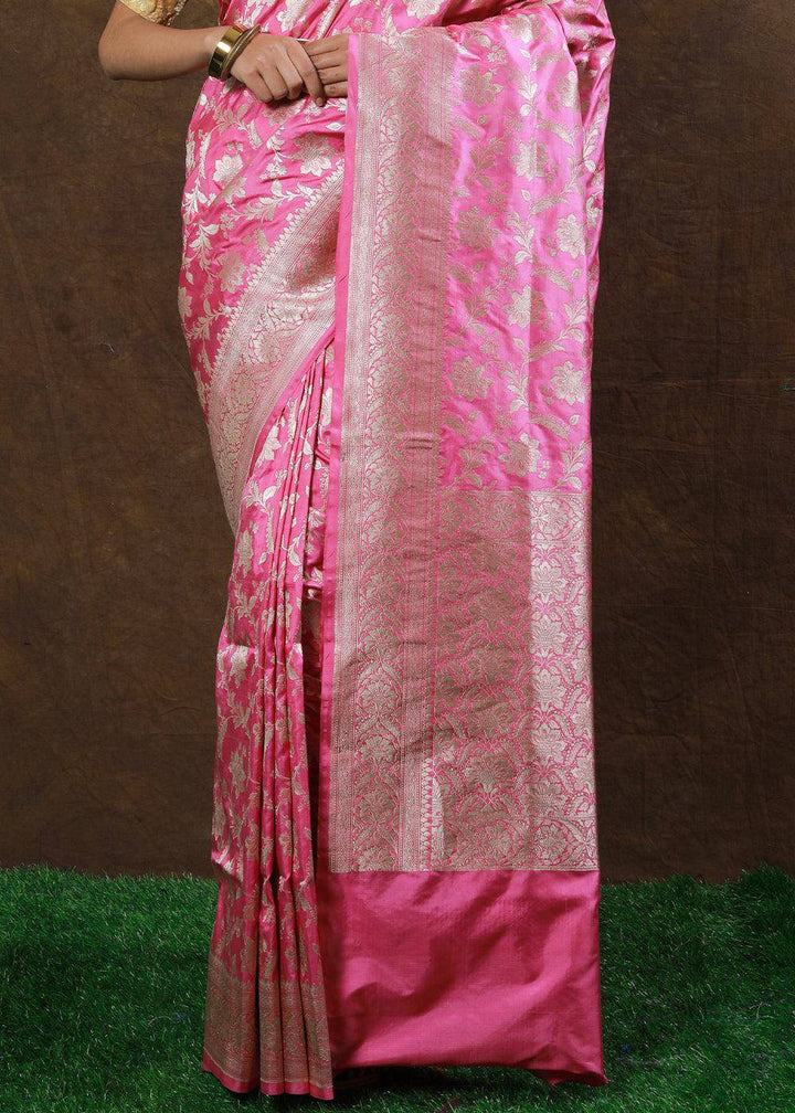 Carnation Pink Hand Woven Pure Katan Silk Saree | Stitched Blouse - qivii