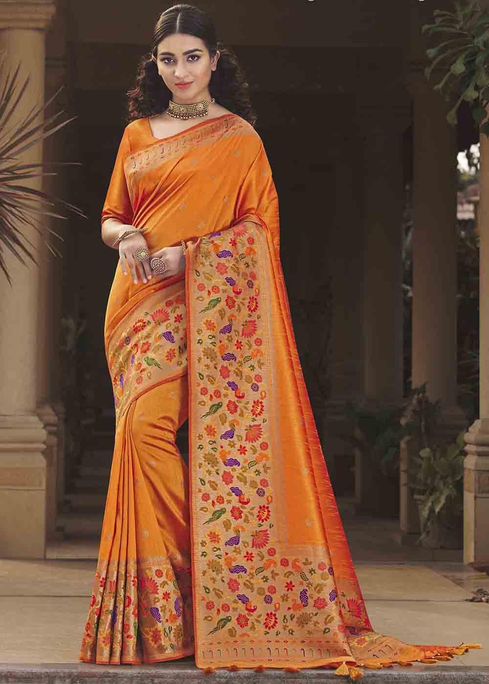 Carrot Orange Woven Paithani Banarasi Silk Saree | Stitched Blouse - qivii