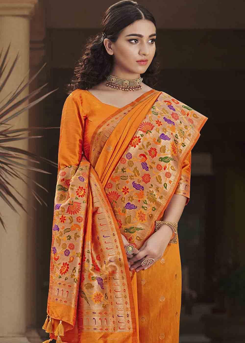 Carrot Orange Woven Paithani Banarasi Silk Saree | Stitched Blouse - qivii