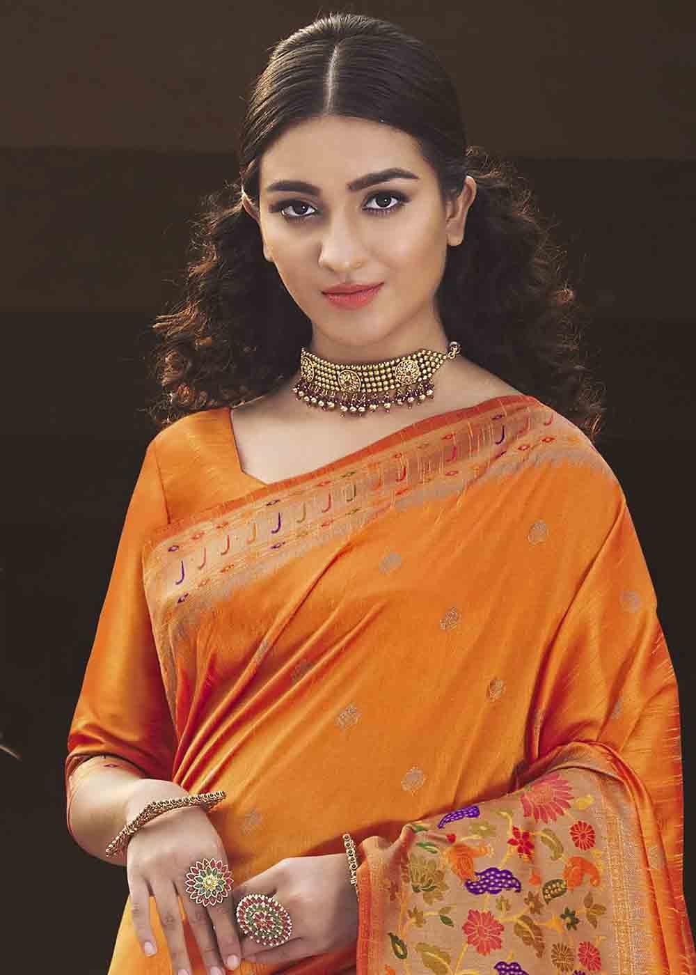 Carrot Orange Woven Paithani Banarasi Silk Saree | Stitched Blouse - qivii