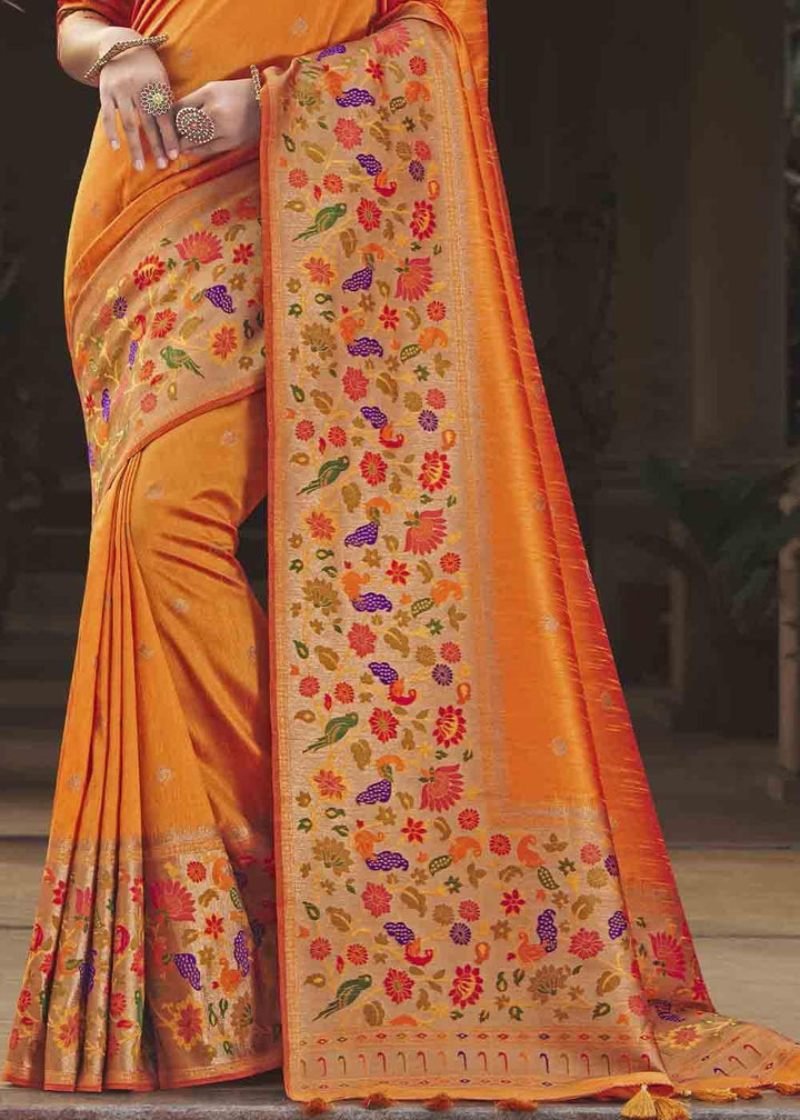 Carrot Orange Woven Paithani Banarasi Silk Saree | Stitched Blouse - qivii