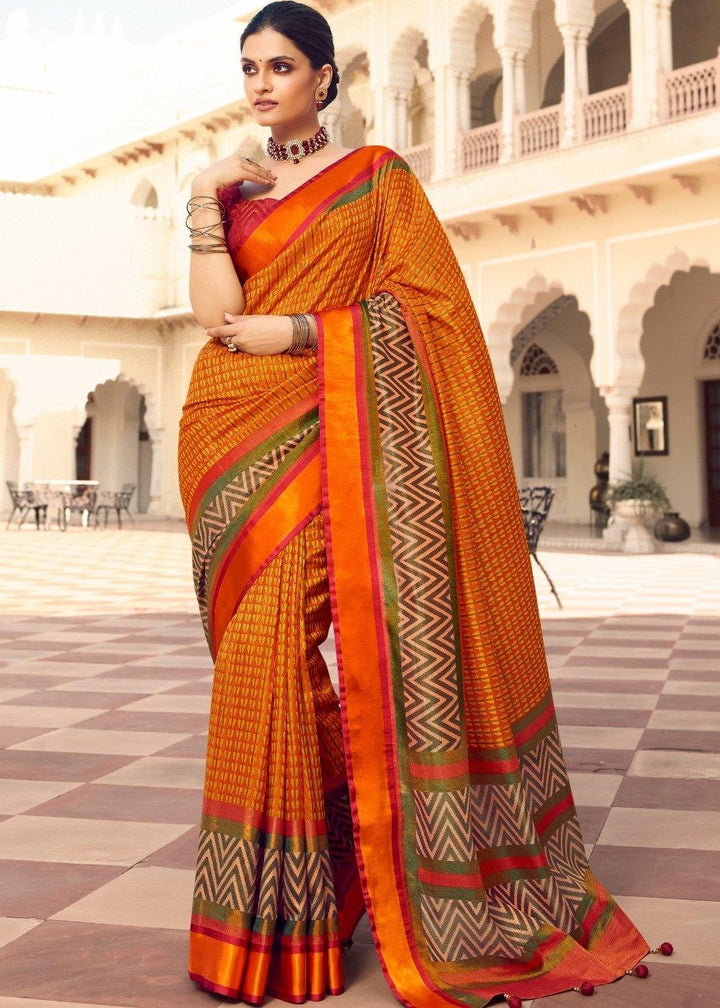 Carrot Orange Woven Patola Silk Saree | Stitched Blouse - qivii