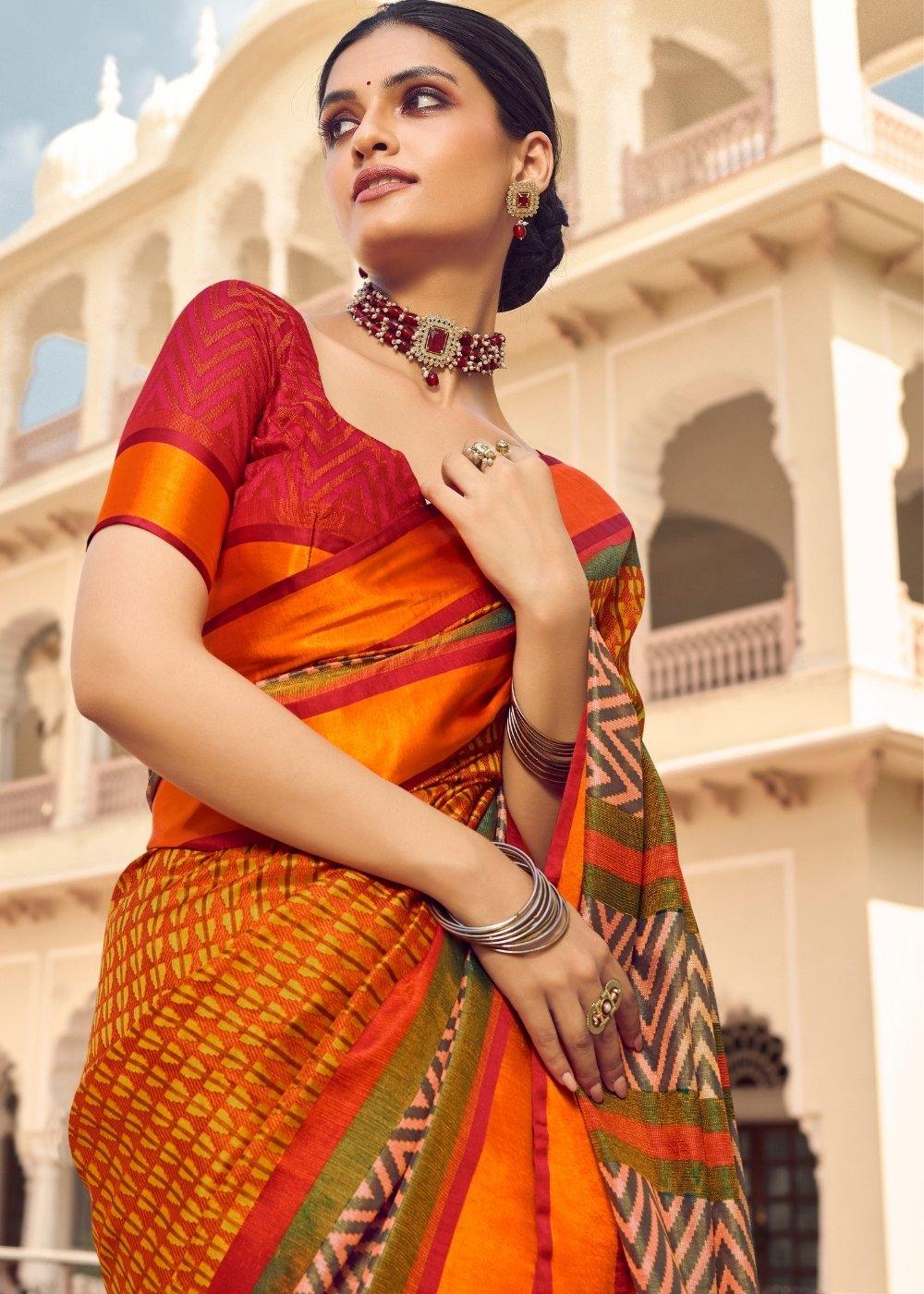 Carrot Orange Woven Patola Silk Saree | Stitched Blouse - qivii