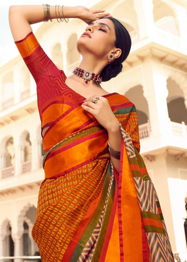 Carrot Orange Woven Patola Silk Saree | Stitched Blouse - qivii