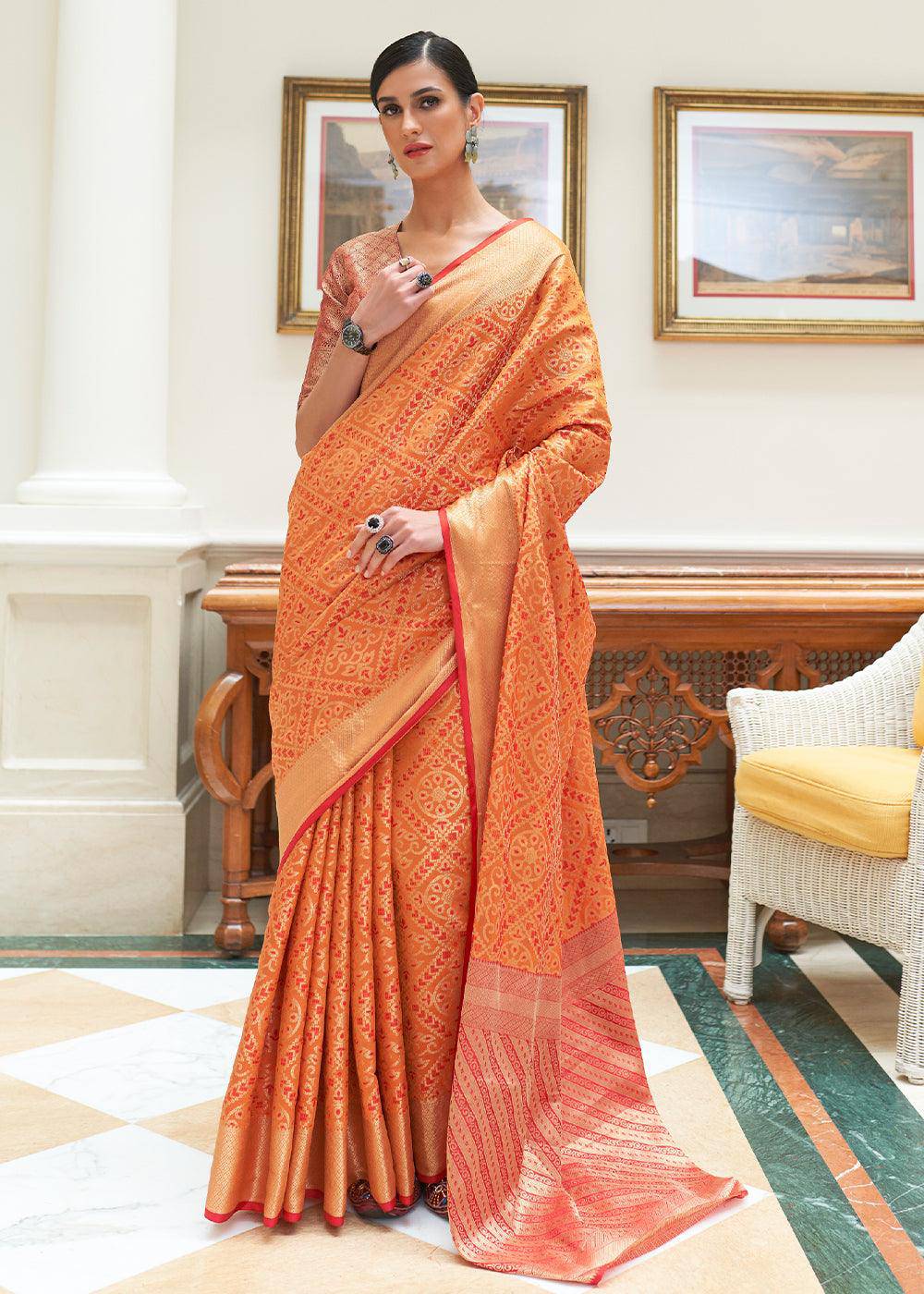 Carrot Orange Zari Woven Patola Silk Saree | Stitched Blouse - qivii