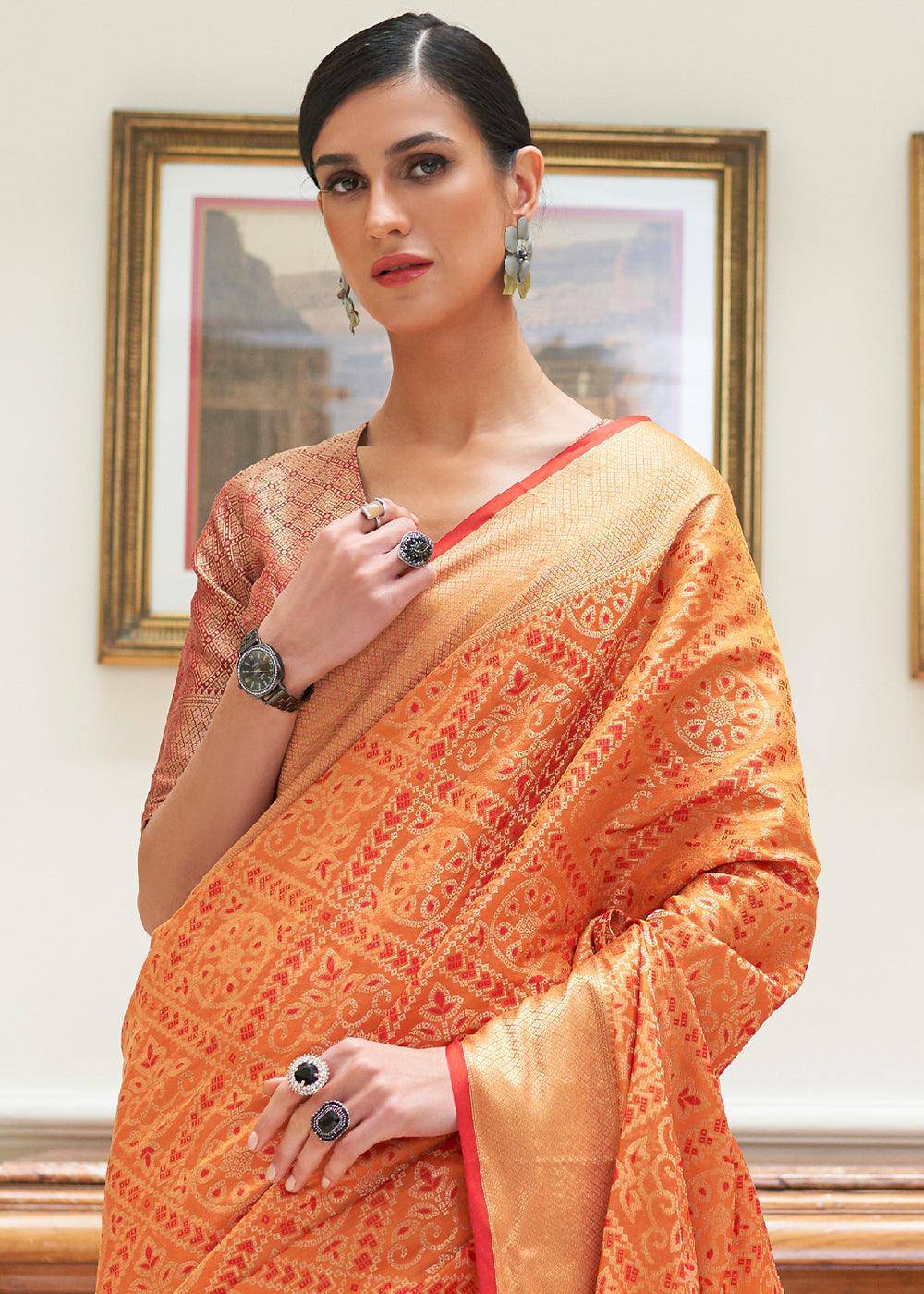 Carrot Orange Zari Woven Patola Silk Saree | Stitched Blouse - qivii