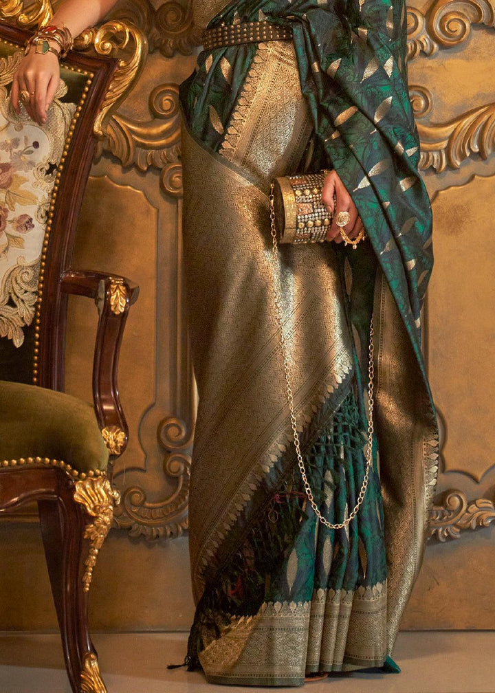 Castleton Green Handloom Woven Satin Silk Saree - qivii