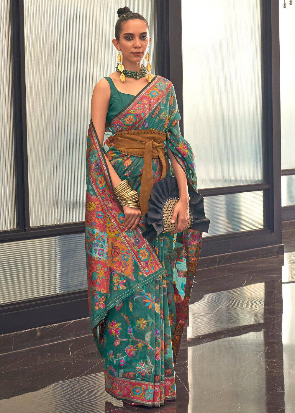 Castleton Green Jamawar Woven Cotton Silk Saree | Stitched Blouse - qivii