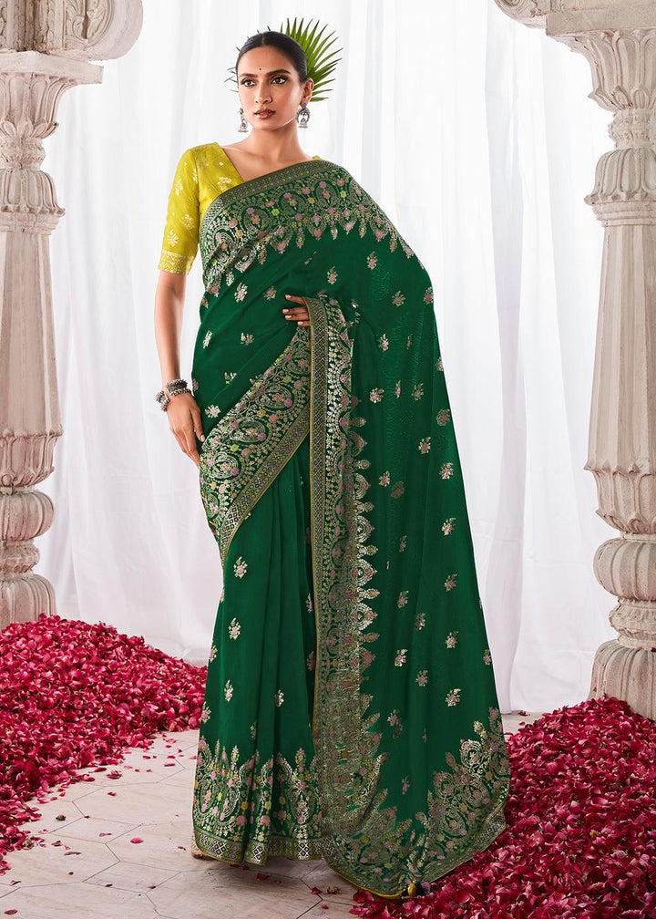 Castleton Green Kora Silk Saree with Meenakari Pallu & Designer Blouse - qivii