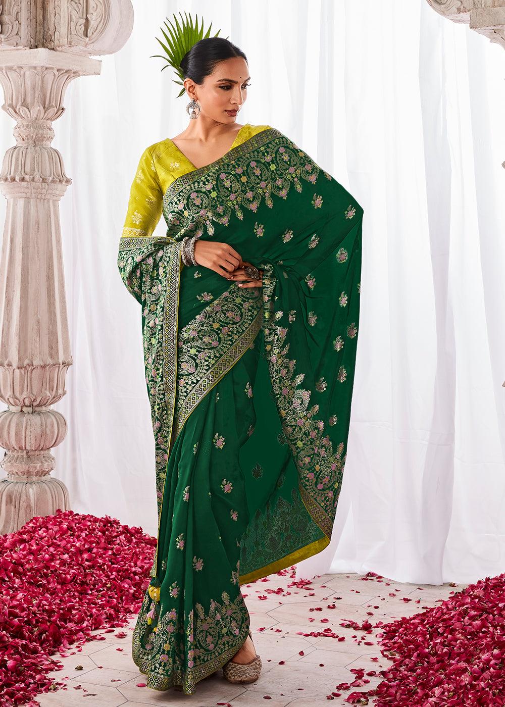 Banarasi kora organza saree with gotta patti work and blouse | Banarasi saree with stitched blouse | Indian saree | Green outlets saree blouse