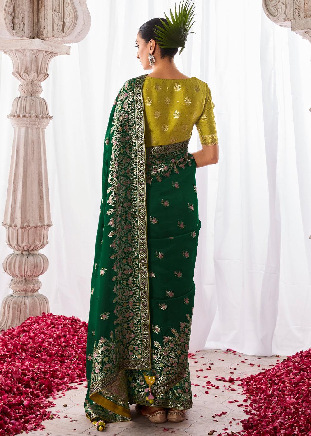 Castleton Green Kora Silk Saree with Meenakari Pallu & Designer Blouse - qivii