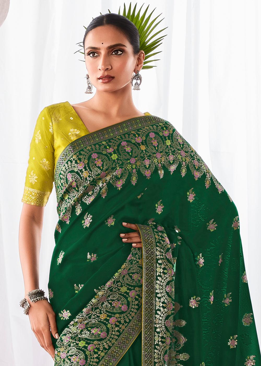 Castleton Green Kora Silk Saree with Meenakari Pallu & Designer Blouse - qivii