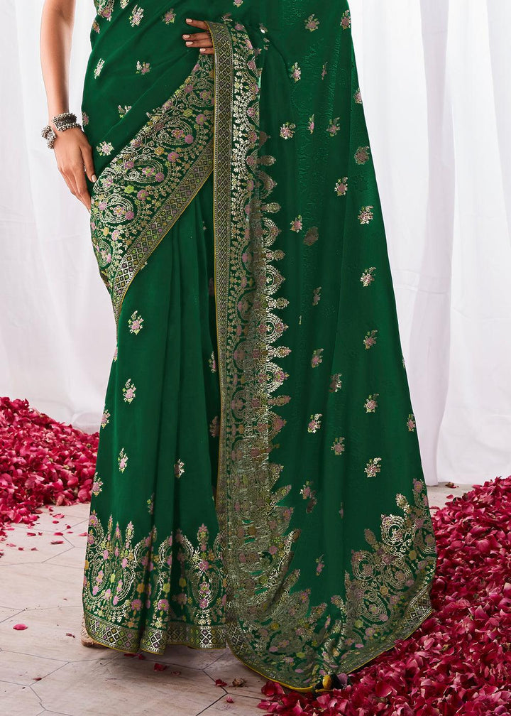 Castleton Green Kora Silk Saree with Meenakari Pallu & Designer Blouse - qivii