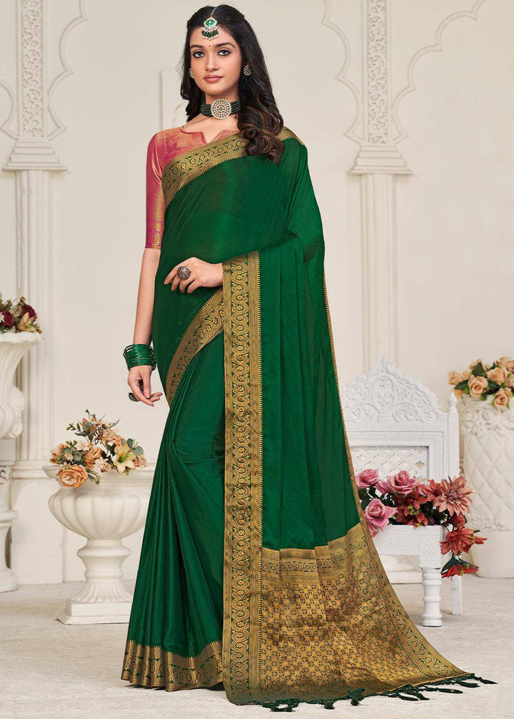 Castleton Green Woven Chinon Silk Saree | Stitched Blouse - qivii