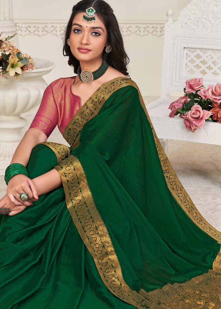 Castleton Green Woven Chinon Silk Saree | Stitched Blouse - qivii