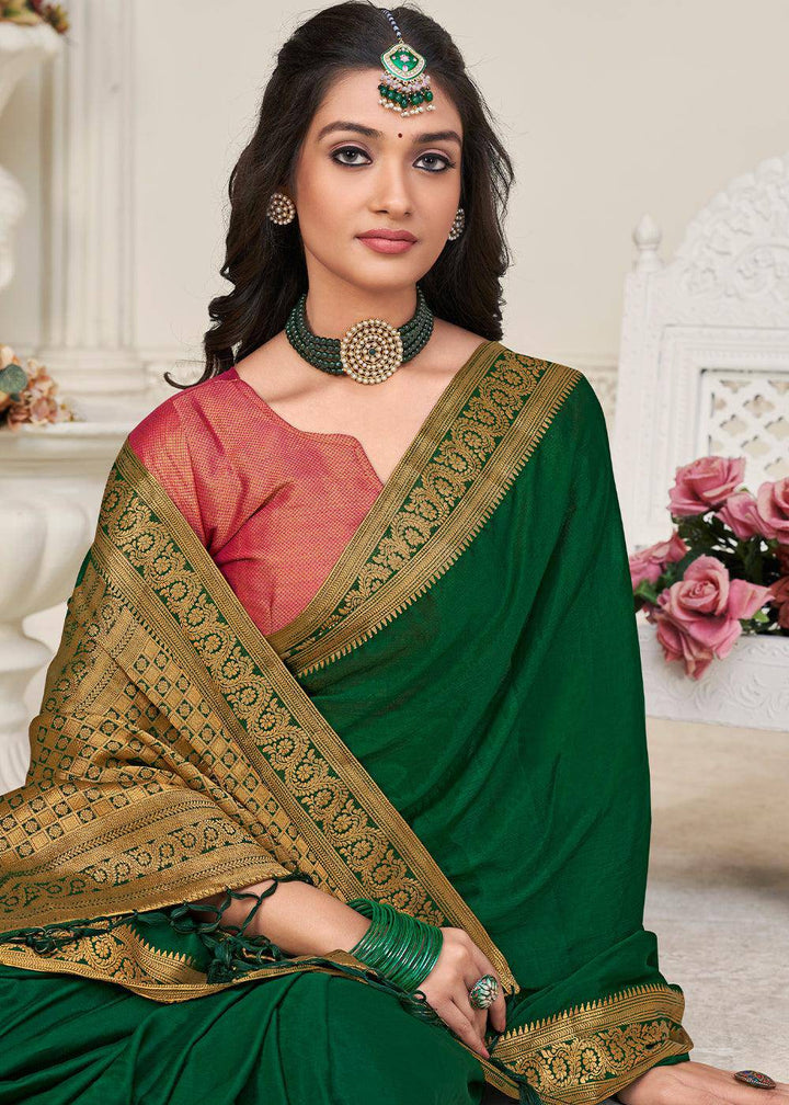 Castleton Green Woven Chinon Silk Saree | Stitched Blouse - qivii