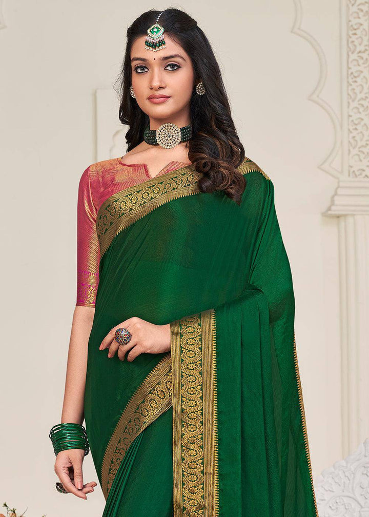 Castleton Green Woven Chinon Silk Saree | Stitched Blouse - qivii