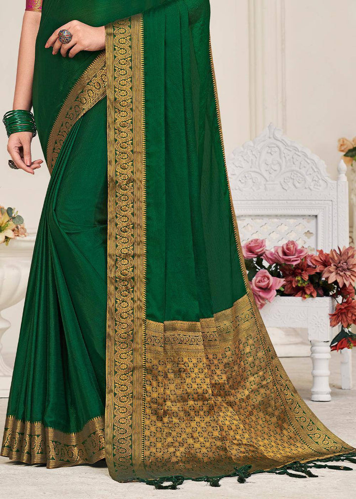 Castleton Green Woven Chinon Silk Saree | Stitched Blouse - qivii