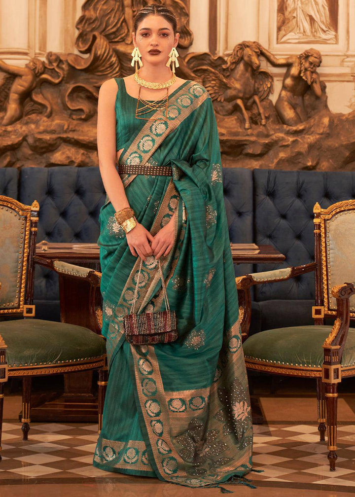 Castleton Green Woven Tussar Silk Saree with Sequins Work | Stitched Blouse - qivii