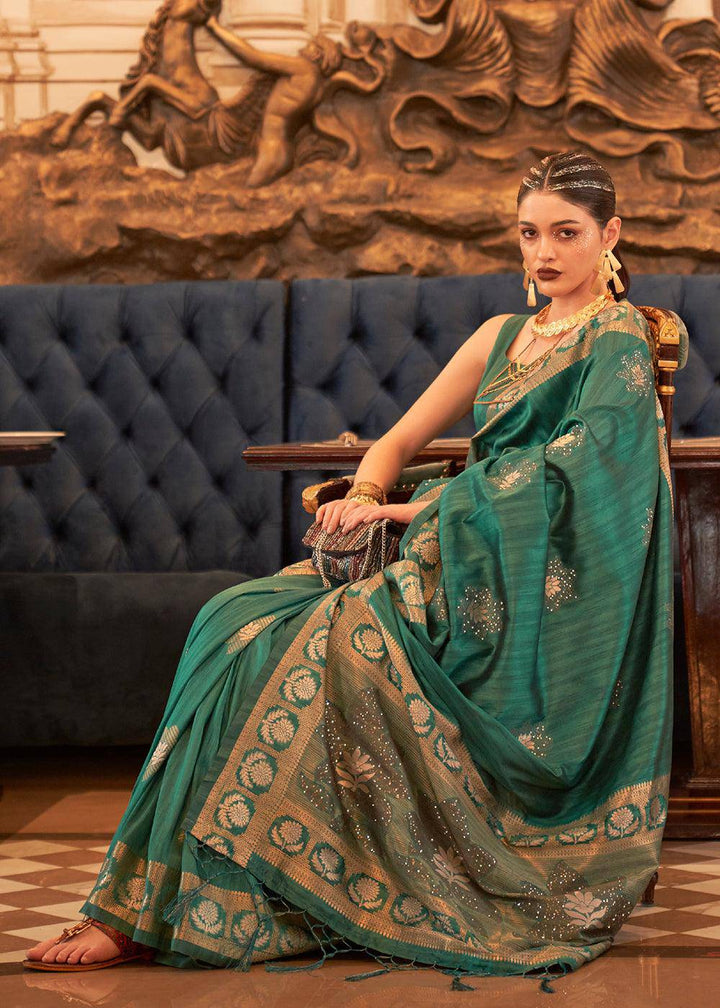 Castleton Green Woven Tussar Silk Saree with Sequins Work | Stitched Blouse - qivii