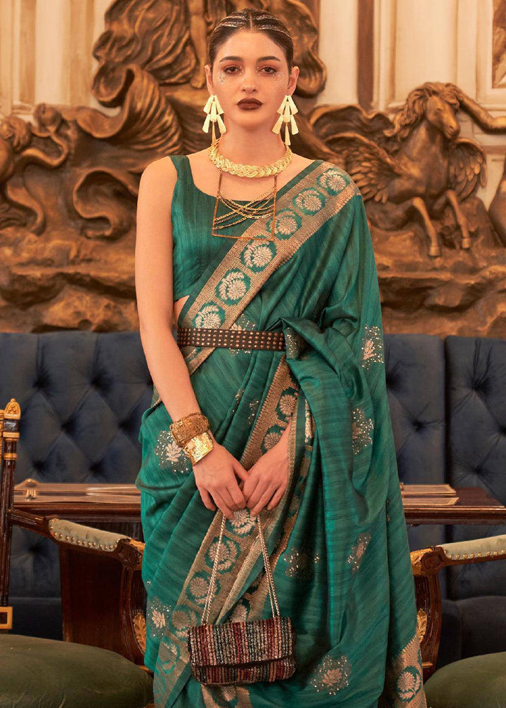 Castleton Green Woven Tussar Silk Saree with Sequins Work | Stitched Blouse - qivii