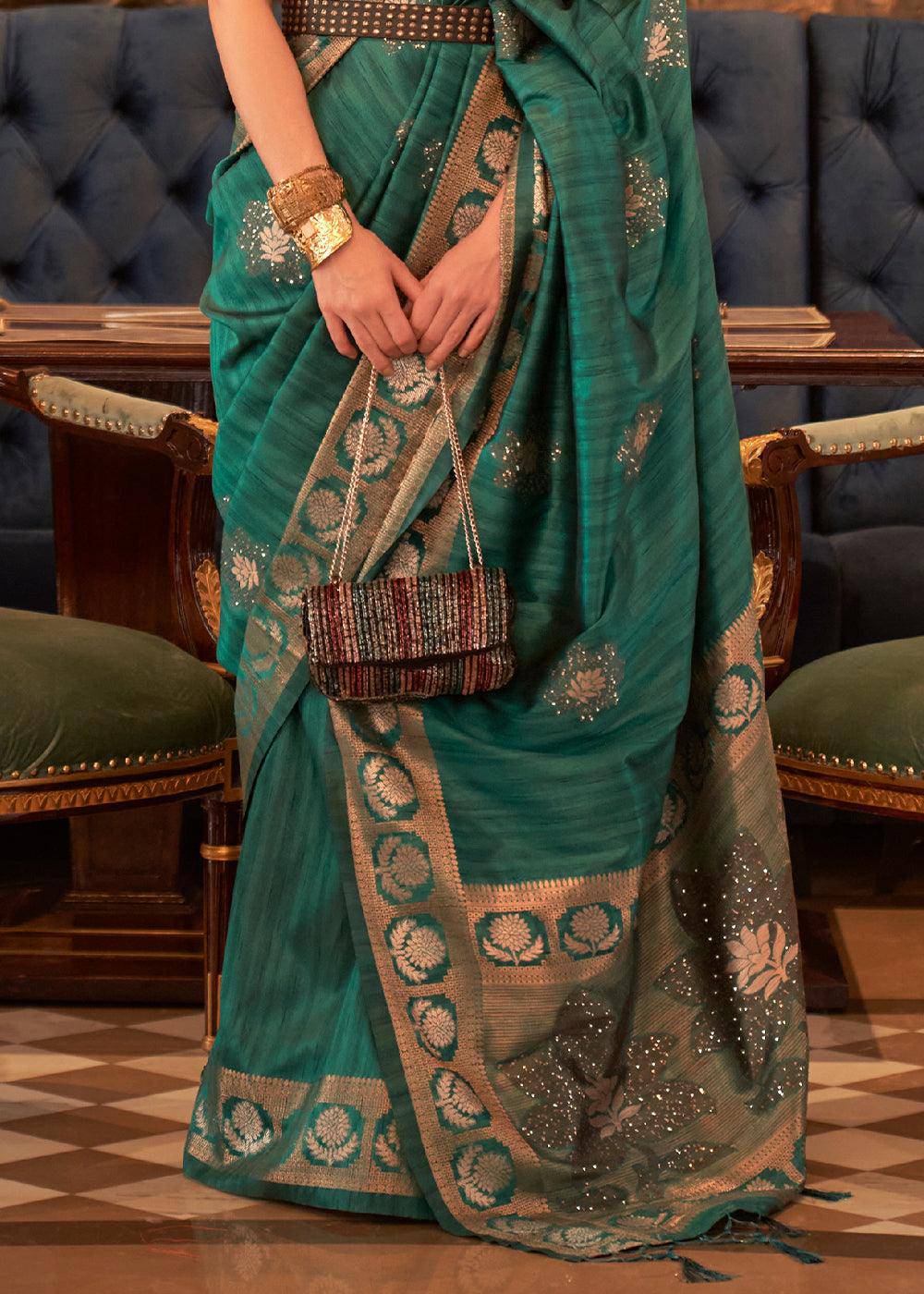 Castleton Green Woven Tussar Silk Saree with Sequins Work | Stitched Blouse - qivii