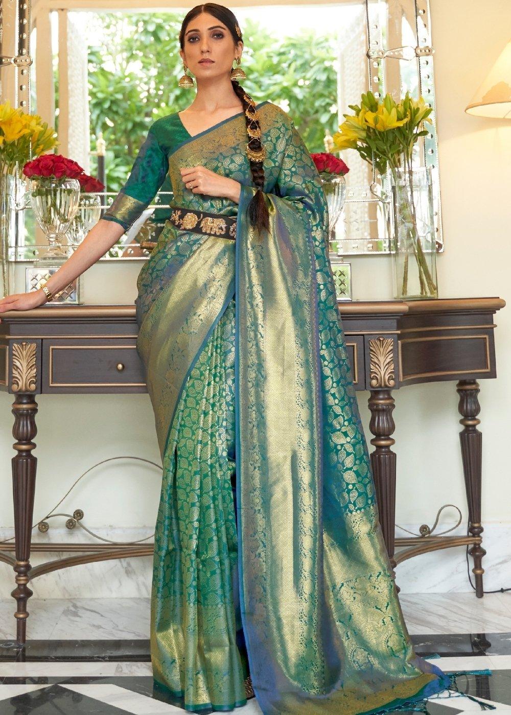 Castleton Green Zari Woven Kanjivaram Silk Saree with Tassels on Pallu | Stitched Blouse - qivii